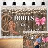 12x10ft Boots or Bows Gender Reveal Backdrop Boy or Girl Baby Shower Party Decorations Western Rustic Wood Brown Cowboy Boots Pink Bows Photography Background Cake Take Banner Photo Booth Props view 1