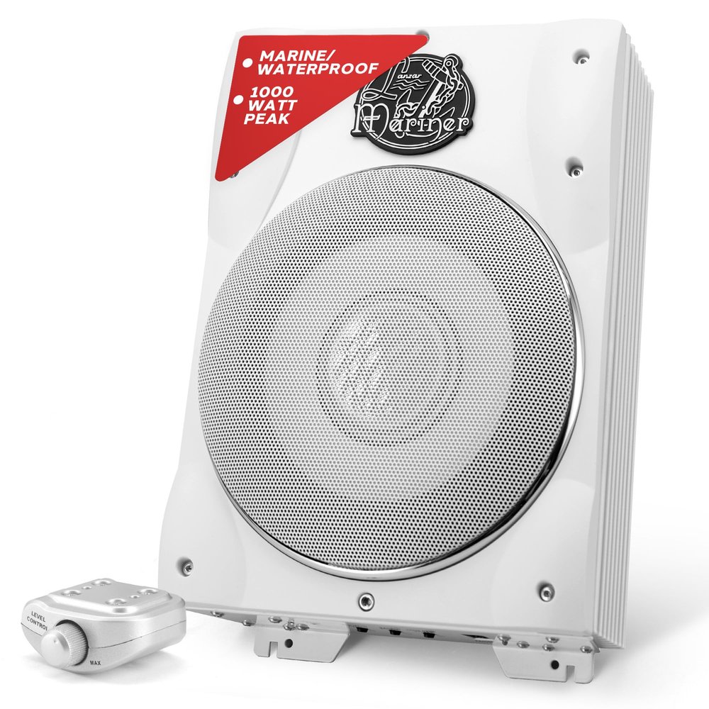 Lanzar 8" Subwoofer, 1000W Low-Profile Marine Waterproof Car Subwoofer with Built-in Amplifier, Adjustable Bass Boost, Remote Level Control, RCA Input, Phase Shift (14.5" x 9.5" x 3")