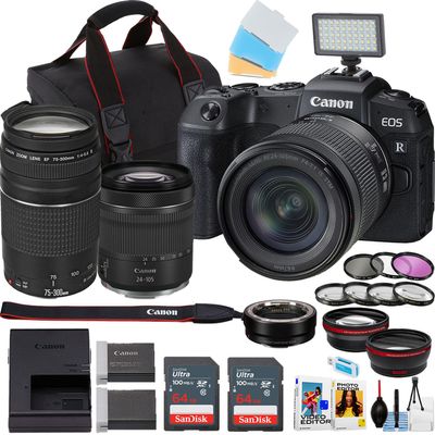 Canon EOS RP Mirrorless Camera w/24-105mm and 75-300mm Lens + 2pc 64GB Sandisk Ultra Memory Card + Camera Case + More (18pc Bundle) (Renewed)