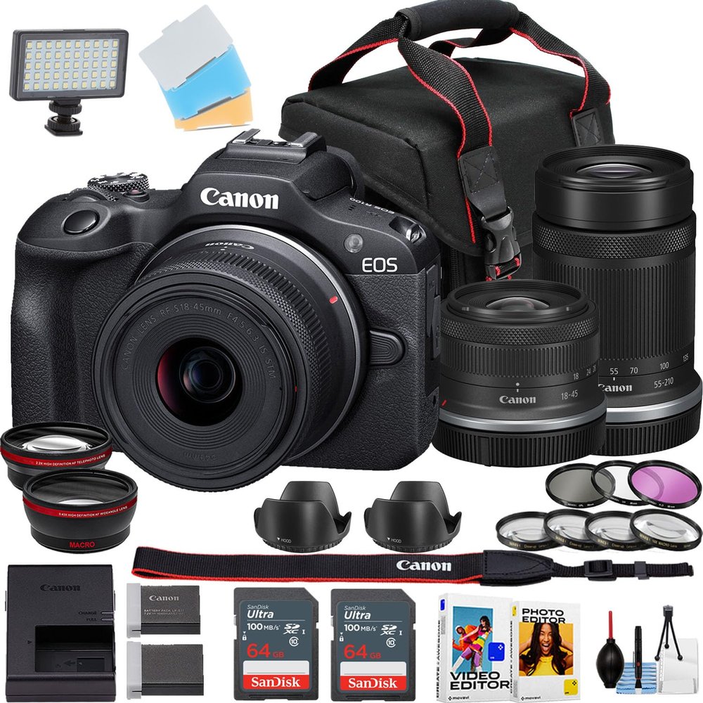 Canon EOS R100 Mirrorless Camera w/18-45mm and 55-210mm Lens + 2pc Sandisk Ultra Memory Card + Camera Case + More (19pc Bundle) (Renewed)