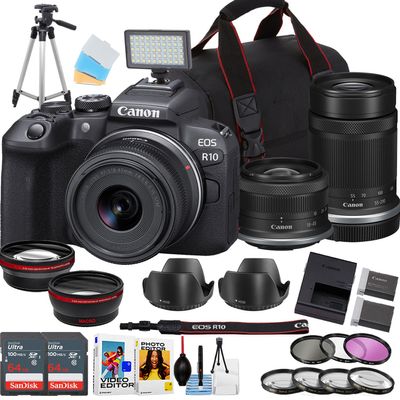 Canon EOS R10 Mirrorless Camera w/18-45mm and 55-210mm Lens + 2pc 64GB Sandisk Ultra Memory Card + Camera Case + More (18pc Bundle) (Renewed)