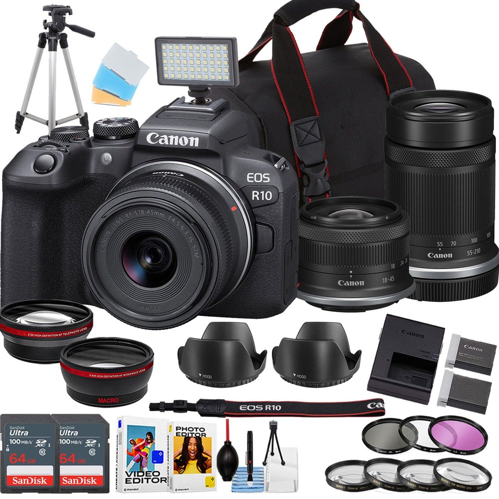 Canon EOS R10 Mirrorless Camera w/18-45mm and 55-210mm Lens + 2pc 64GB Sandisk Ultra Memory Card + Camera Case + More (18pc Bundle) (Renewed)