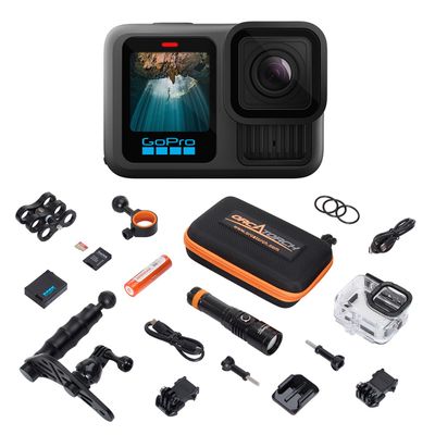 GoPro HERO13 Waterproof Action Camera Dive Kit with 5.3K60 UHD Video, 27MP HDR Photos - Bundle with Protective Housing, Video Light Pack, Camera Tray, Double Clip, 64GB microSD Card (Hero13)