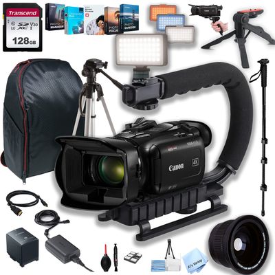 Canon HF G70 UHD 4K Camcorder + LED Video Light + 128GB Memory Card + U Grip Stabilizer + Monopod + Tripod + Hand Grip + 42X Fisheye Lens + Video Editing Software-(26pc Bundle) (Renewed)