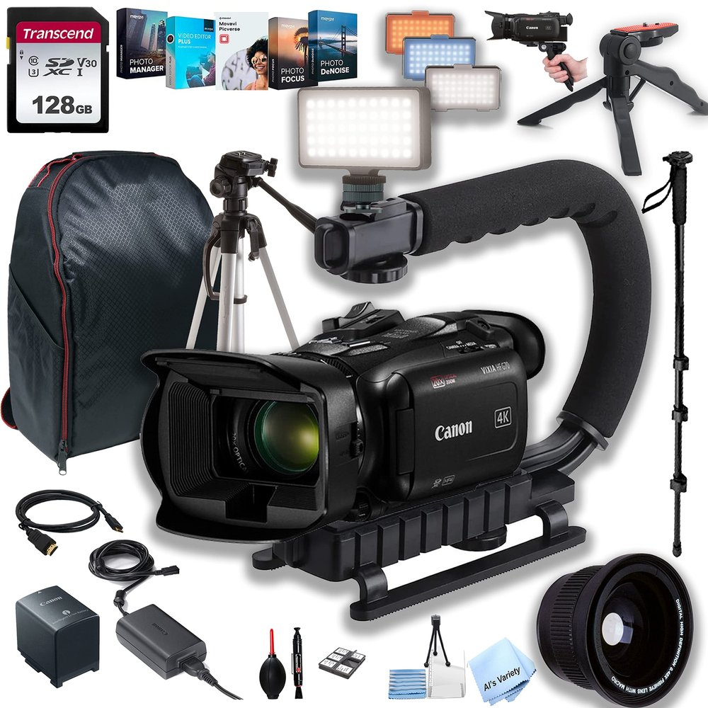Canon HF G70 UHD 4K Camcorder + LED Video Light + 128GB Memory Card + U Grip Stabilizer + Monopod + Tripod + Hand Grip + 42X Fisheye Lens + Video Editing Software-(26pc Bundle) (Renewed)
