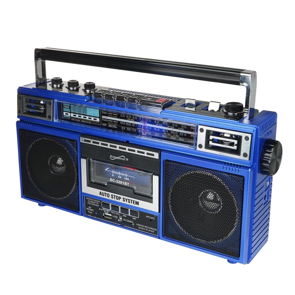 Supersonic SC-3201BT 4 Band Radio & Cassette Player Boombox, Bluetooth Speaker, AM/FM/SW Radio with MP3 Playback, USB & SD Card, 3 Band EQ and Earphone Jack. (Blue)