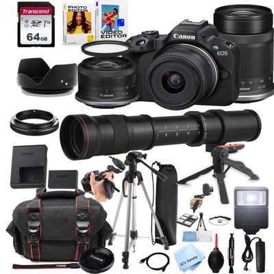 Canon EOS R50 Mirrorless Camera with 18-45mm and 55-210mm Lenses + 420-800mm Super Telephoto Lens + 64GB Memory, Filters,Case, Tripod, Flash, and More (28pc Bundle) (Renewed)
