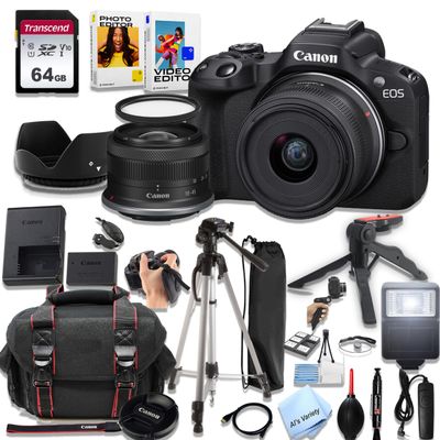 Canon EOS R50 Mirrorless Camera with 18-45mm Lens + 64GB Memory, Filters,Case, Tripod, Flash, and More (28pc Bundle) (Renewed)