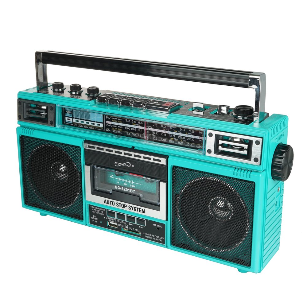Supersonic SC-3201BT 4 Band Radio & Cassette Player Boombox, Bluetooth Speaker, AM/FM/SW Radio with MP3 Playback, USB & SD Card, 3 Band EQ and Earphone Jack. (Teal)
