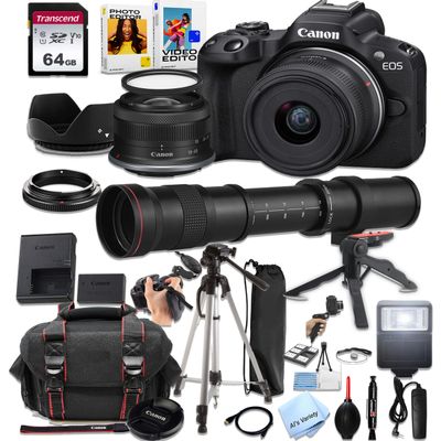 Canon EOS R50 Mirrorless Camera with 18-45mm Lens + 420-800mm Super Telephoto Lens + 64GB Memory, Filters,Case, Tripod, Flash, and More (28pc Bundle) (Renewed)