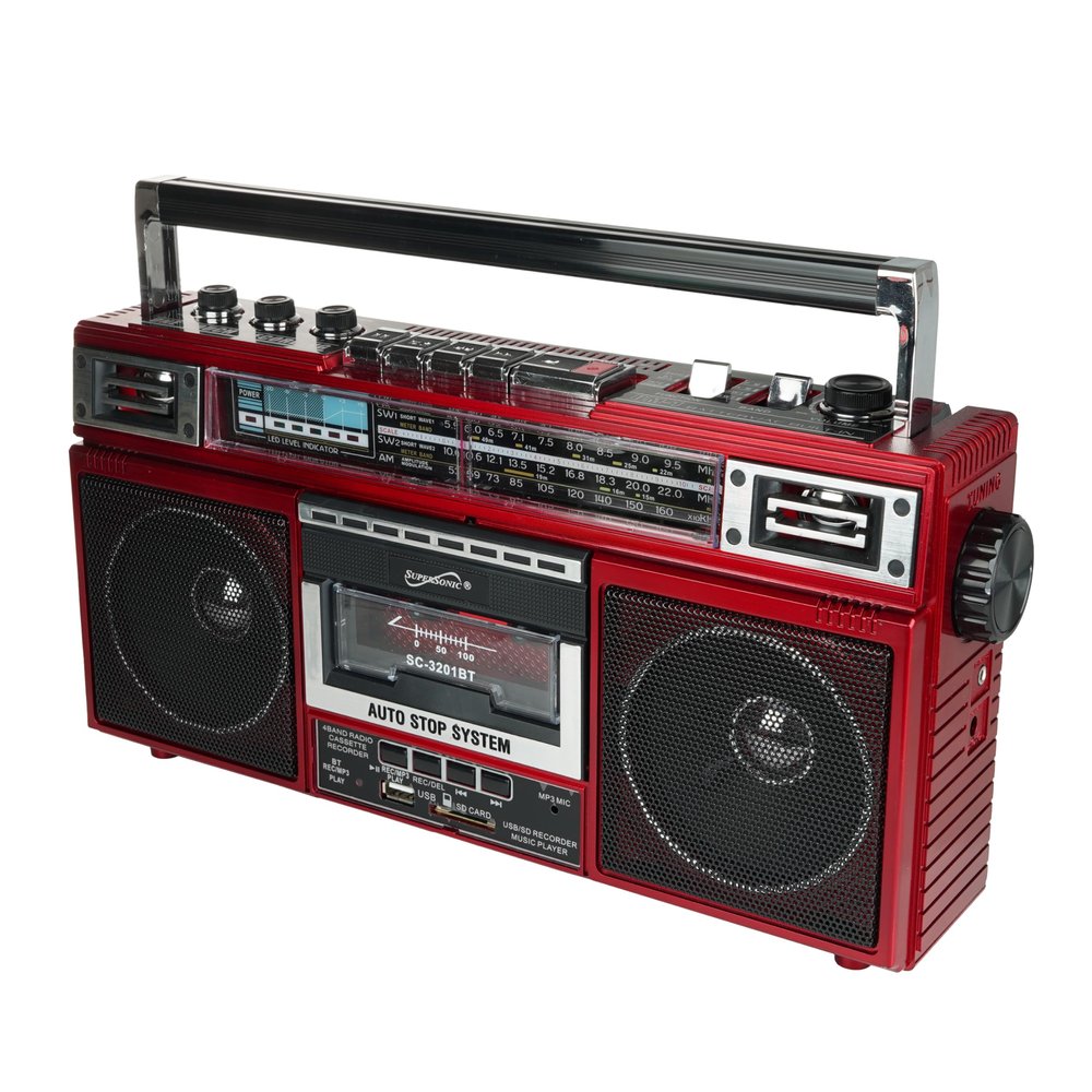 Supersonic SC-3201BT 4 Band Radio & Cassette Player Boombox, Bluetooth Speaker, AM/FM/SW Radio with MP3 Playback, USB & SD Card, 3 Band EQ and Earphone Jack. (Red)