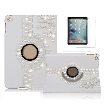 STENES Bling Case Compatible with iPad mini 7 (A17 Pro) 2024 8.3 inch - Stylish - 3D Handmade Crystal Flowers Floral 360 Degree Rotating Stand & Sleep/Wake Cover Luxury Girl Women Case- White