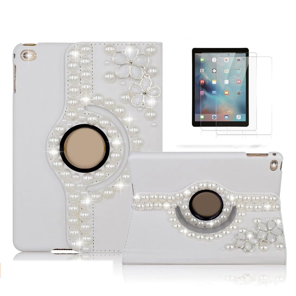 STENES Bling Case Compatible with iPad mini 7 (A17 Pro) 2024 8.3 inch - Stylish - 3D Handmade Crystal Flowers Floral 360 Degree Rotating Stand & Sleep/Wake Cover Luxury Girl Women Case- White