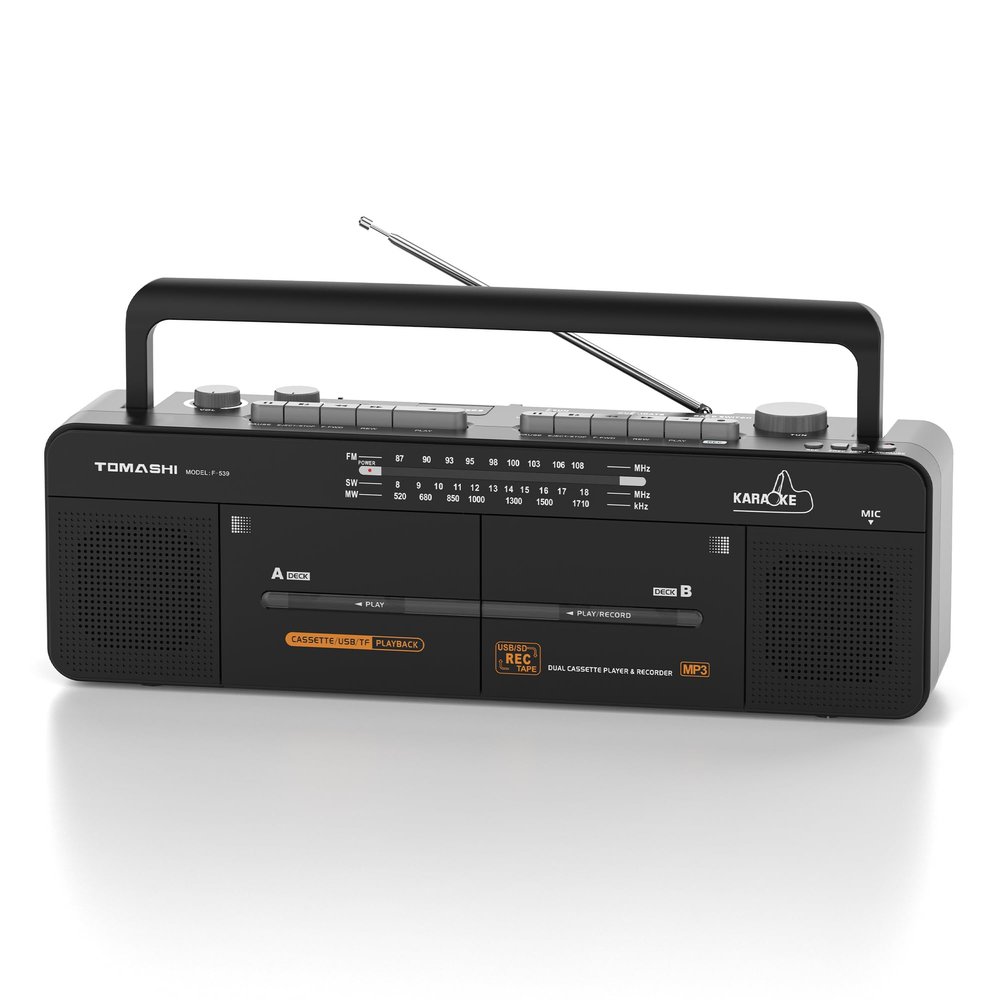 Cassette Tape Player with Stereo Sound, Dual Tape Decks, 3-Band Radio, USB/TF Card Playback, and Tape-to-USB/TF Card Recording Function