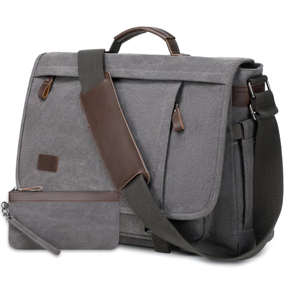17.3 Inch Messenger Bag for Men: 2PCS Laptop Work PU Leather Canvas Briefcase Carry On Large Computer for Office College Travel (Grey)