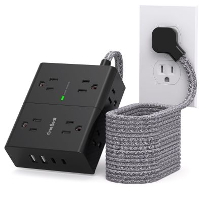 10Ft Extension Cord with Multiple Outlets, Flat Plug Power Strip Surge Protector 10 Ft Long Cord, 8 Outlet 4 USB Ports (2 USB C), Multi Outlet Wall Plug for Office, College Dorm Essentials - Black