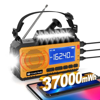 Emergency Crank Radio Solar Hand Crank Emergency Radio 37000mWh (10000mAh) AM/FM NOAA Weather Radio with LCD Display 3 Mode Flashlight SOS Alarm Compass Headphone Jack for Winter Storm Emergency
