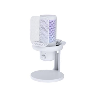 FEELWORLD VM1 USB Condenser Gaming Microphone for Streaming Noise Cancellation Mute RGB Light One-Key Mute Desktop Stand (White)