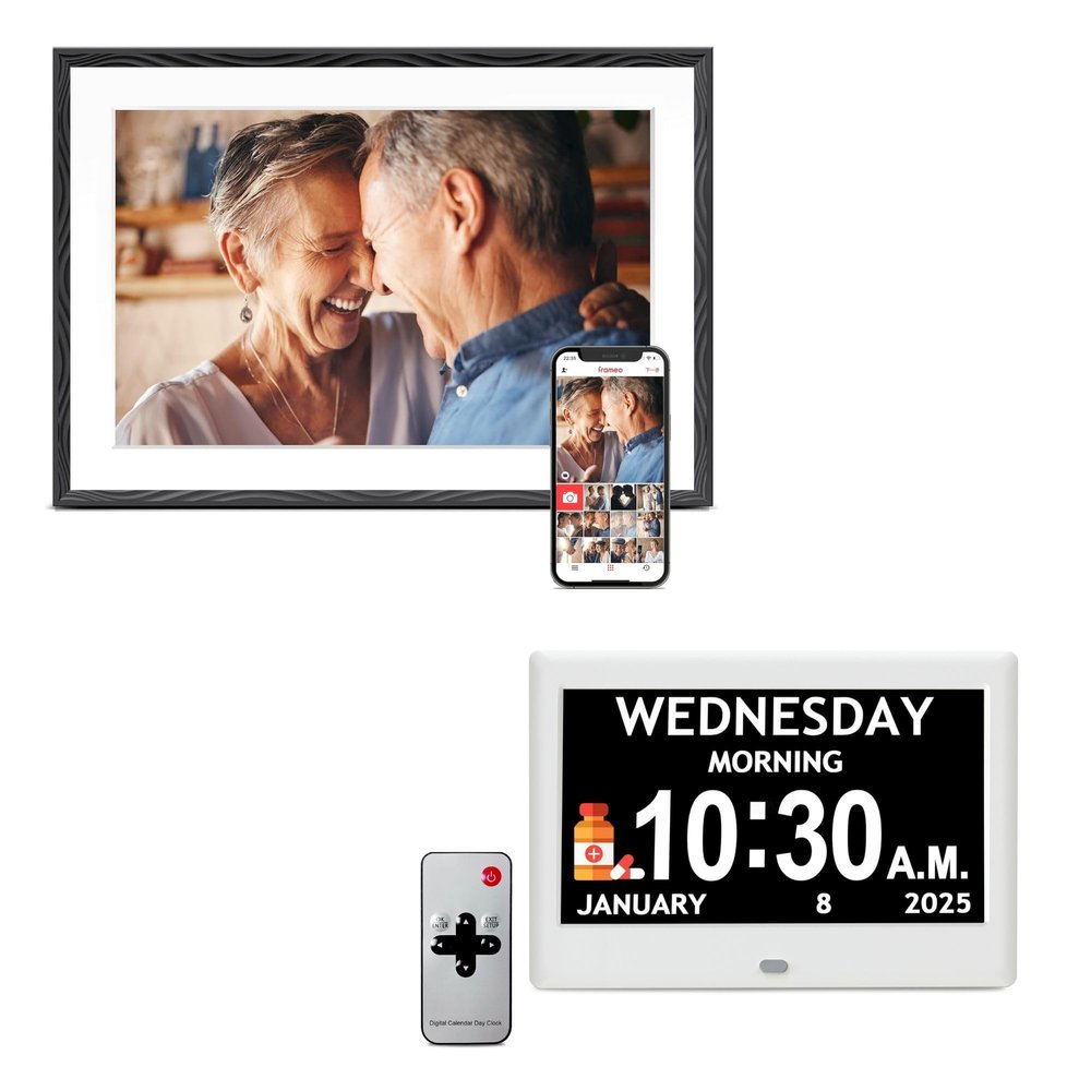 10.1'' Frameo WiFi Digital Picture Frame with 7 inch Digital Clock with Date and Time for Elderly