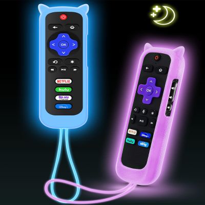2Pack ONEBOM Cover for Roku Remote with Cat Ears Design, Silicone Skin Case Compatible with Hisense/TCL Roku TV, Steaming Stick/Express, Universal Replacement Controller. Glow in The Dark, Blue/Purple