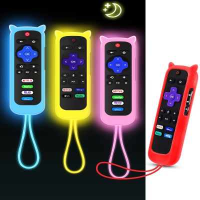 4Pack ONEBOM Remote Cover for Roku with Cat Ears Design, Silicone Skin Case Compatible with Hisense/TCL Roku TV/Express, Glow in The Dark Glow Blue&Glow Yellow&Glow Pink&Red