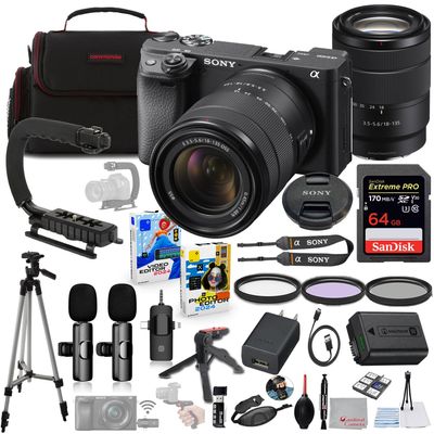 Sony a6400 Mirrorless Camera with 18-135mm Lens Bundle + Wireless Microphone System + Accessory Package Including 64GB Extreme Memory, U-Grip, Case, Tripod, Software and More (30 Items)