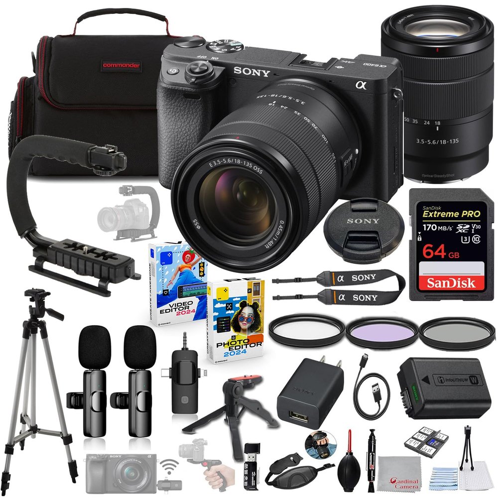 Sony a6400 Mirrorless Camera with 18-135mm Lens Bundle + Wireless Microphone System + Accessory Package Including 64GB Extreme Memory, U-Grip, Case, Tripod, Software and More (30 Items)