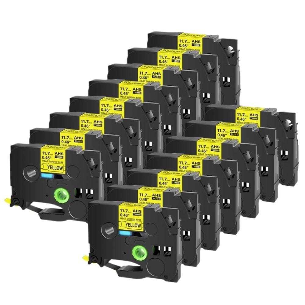 15PK 11.7mm Heat Shrink Tube Tape Compatible with Labelers Including Hse-231 Hse221 641 651 Models with Black On White Label Tapes(Black on Yellow)