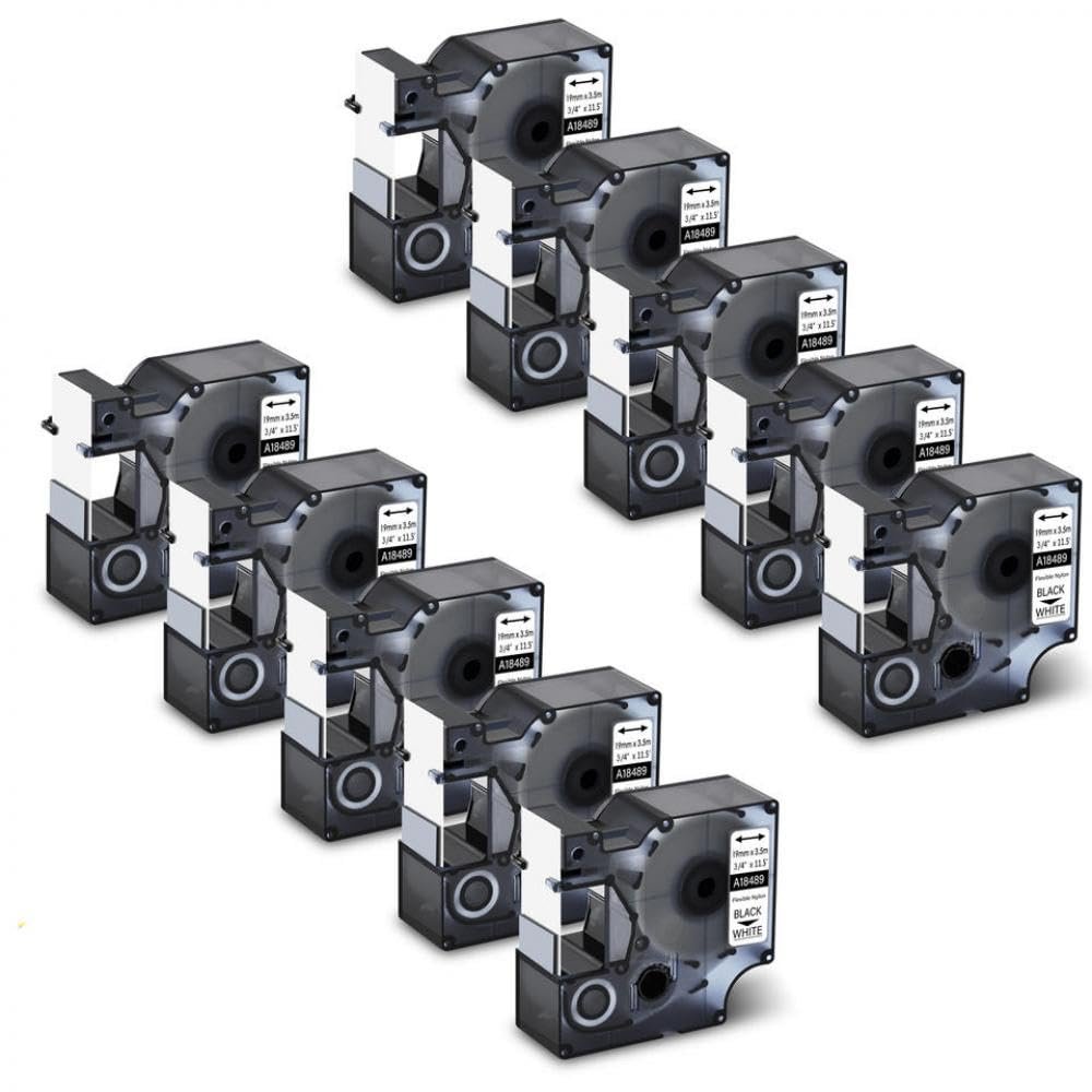 10 Pack 19mm Black On White Flexible Nylon Label Tapes Compatible with Industrial Label Makers(Black on White 19mm)