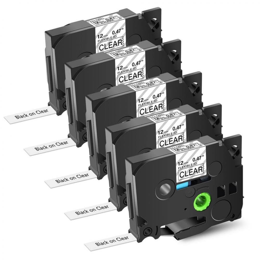 5 Pack Flexible ID Laminated Label Tape 12mm Black On Clear Compatible with Printer