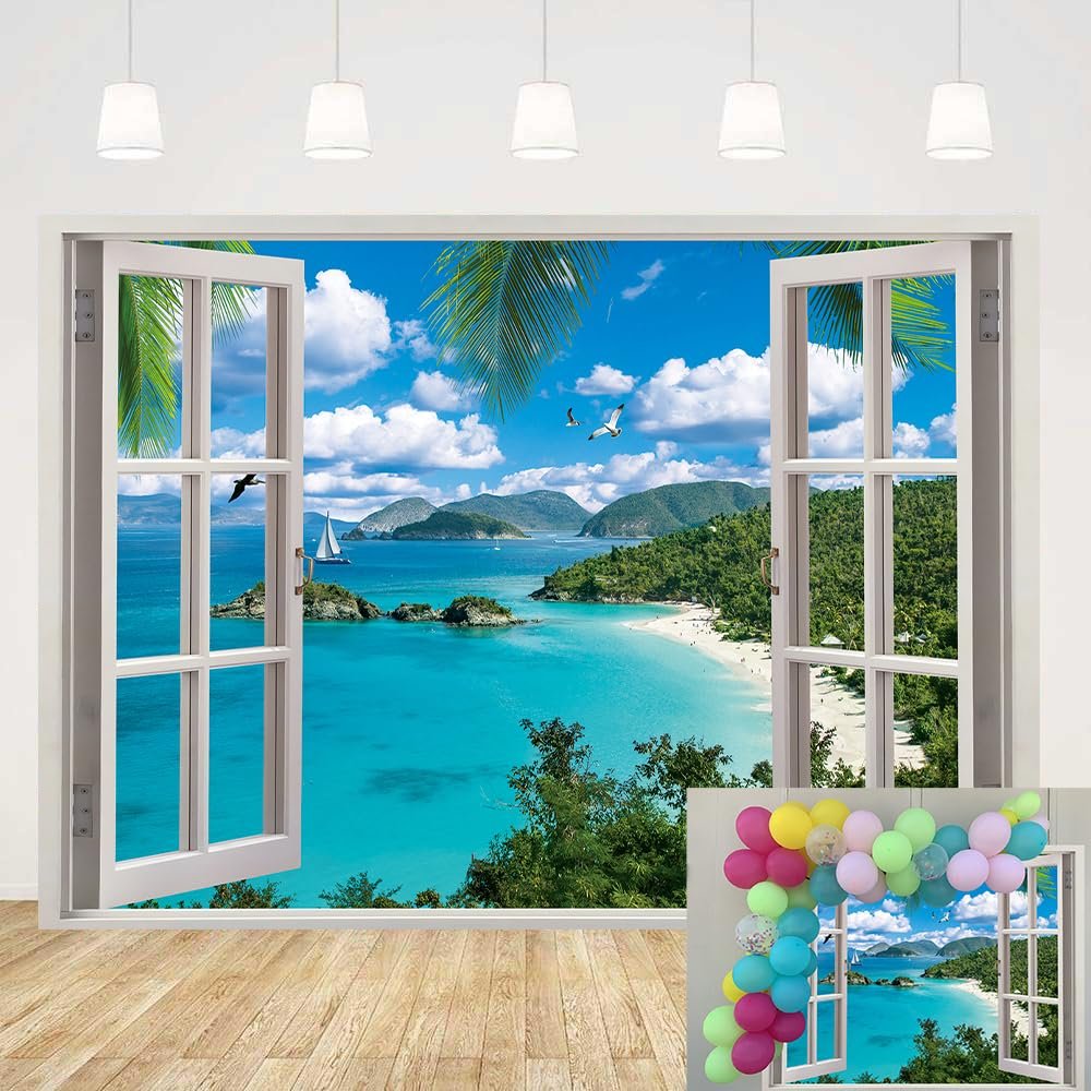 Summer Beach Window Backdrop Hawaiian Ocean Tropical Island Blue Sky Clouds Scenic Photography Background Luau Party Banner Living Room Bedroom Photo Booth Props (7x5FT)