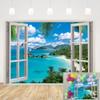 Summer Beach Window Backdrop Hawaiian Ocean Tropical Island Blue Sky Clouds Scenic Photography Background Luau Party Banner Living Room Bedroom Photo Booth Props (7x5FT) view 1