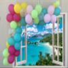 Summer Beach Window Backdrop Hawaiian Ocean Tropical Island Blue Sky Clouds Scenic Photography Background Luau Party Banner Living Room Bedroom Photo Booth Props (7x5FT) view 3