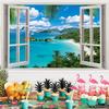 Summer Beach Window Backdrop Hawaiian Ocean Tropical Island Blue Sky Clouds Scenic Photography Background Luau Party Banner Living Room Bedroom Photo Booth Props (7x5FT) view 4