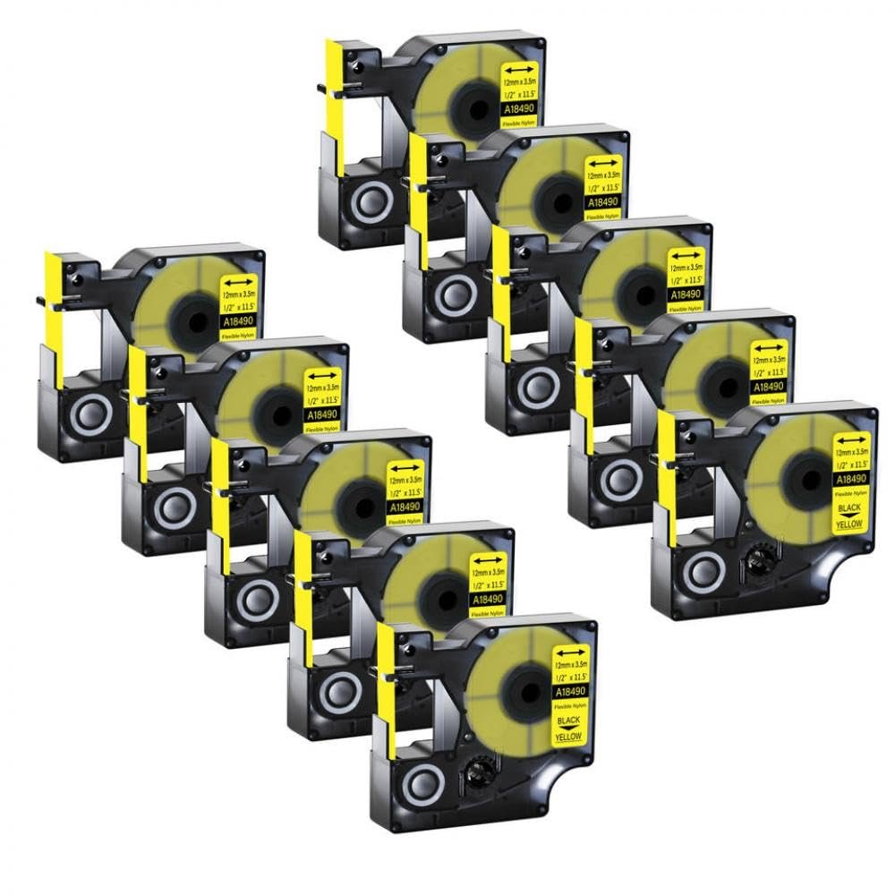 10 Pack 19mm Black On White Flexible Nylon Label Tapes Compatible with Industrial Label Makers(Black on Yellow 12mm)