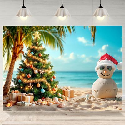 12x8ft July Christmas Backdrop Summer Beach Christmas Tree Photography Background Tropical Hawaiian Snowman Banner Decorations Family Holiday Photo Booth Props