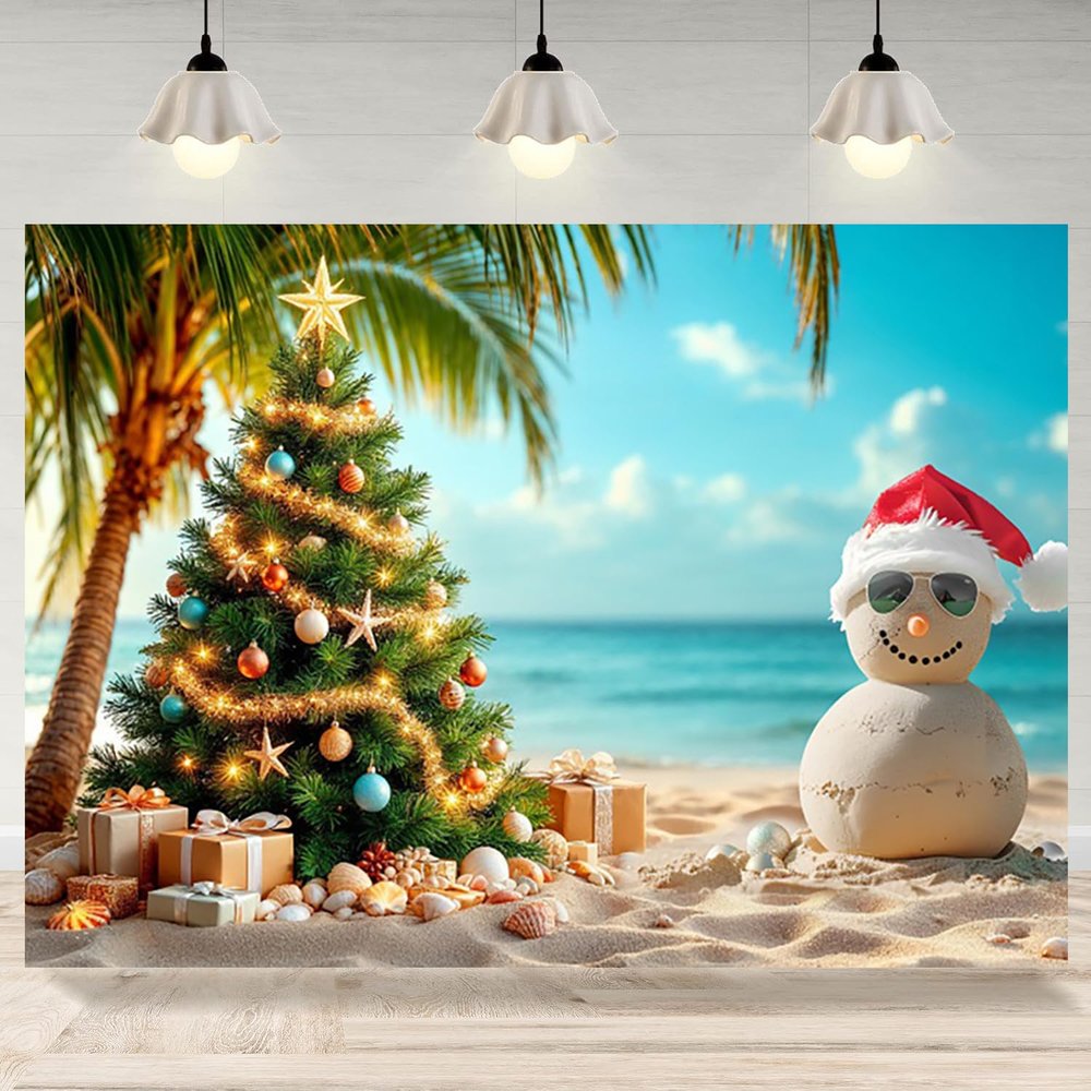 12x8ft July Christmas Backdrop Summer Beach Christmas Tree Photography Background Tropical Hawaiian Snowman Banner Decorations Family Holiday Photo Booth Props