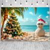 12x8ft July Christmas Backdrop Summer Beach Christmas Tree Photography Background Tropical Hawaiian Snowman Banner Decorations Family Holiday Photo Booth Props view 2
