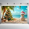 12x8ft July Christmas Backdrop Summer Beach Christmas Tree Photography Background Tropical Hawaiian Snowman Banner Decorations Family Holiday Photo Booth Props view 3