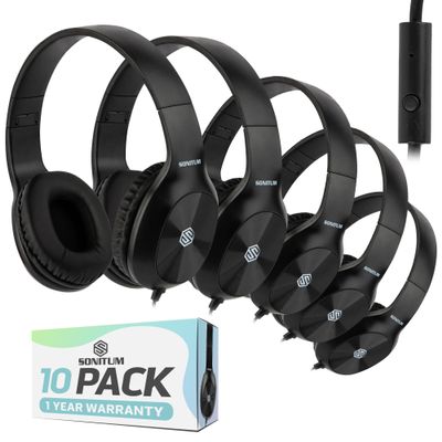 Sonitum Classroom Headphones-Bulk 10-Pack, with Microphone Student On Ear Comfy Swivel Earphones for Library, School, Airplane, Kids-for Online Learning and Travel, HQ Stereo Sound 3.5mm Jack (Black)