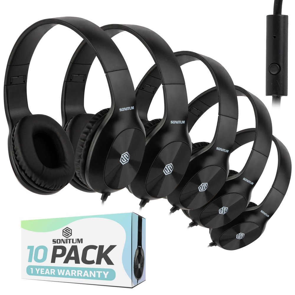 Sonitum Classroom Headphones-Bulk 10-Pack, with Microphone Student On Ear Comfy Swivel Earphones for Library, School, Airplane, Kids-for Online Learning and Travel, HQ Stereo Sound 3.5mm Jack (Black)