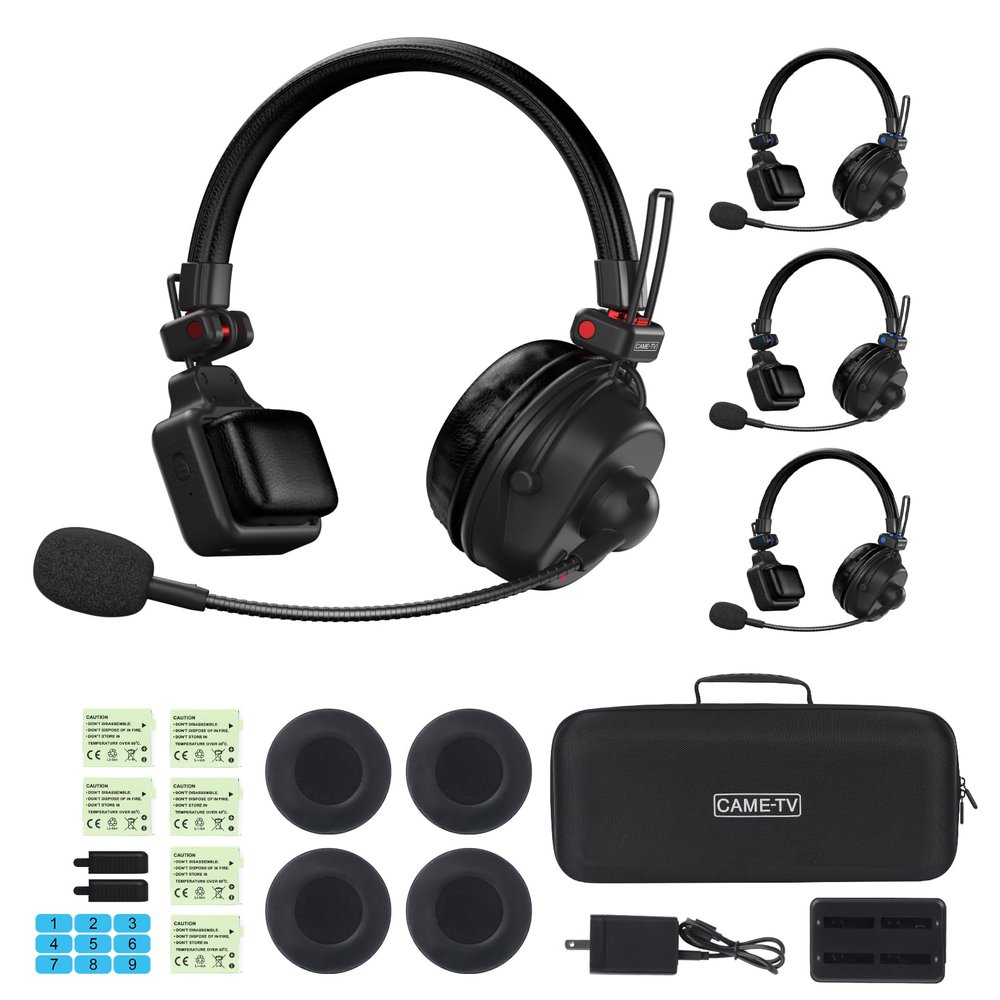 cametv Waero-PRO 1.9GHz Wireless Intercom Headset System Noise Cancellation A/B Group 1700ft(518m) Zero Latency Team Communication Headsets for Church Boating TV Film Production Drone (4 Kit)
