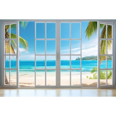 YongFoto Tropical Island Window View Backdrop 12x8ft Blue Ocean Beach Coconut Palm Summer Natural Scenery Photography Background Room Decorations Portraits Photoshoot Wallpaper Photo Booth Props