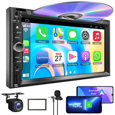 Double Din Car Radio with CD/DVD Player- Support CarPlay & Android Auto, 7 Inch Car Stereo with Bluetooth, Rear Camera, USB/TF/AUX, AM/FM Radio Receiver
