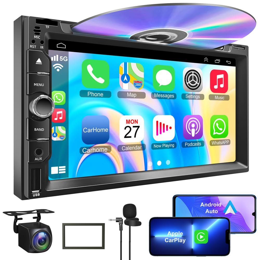 Double Din Car Radio with CD/DVD Player- Support CarPlay & Android Auto, 7 Inch Car Stereo with Bluetooth, Rear Camera, USB/TF/AUX, AM/FM Radio Receiver