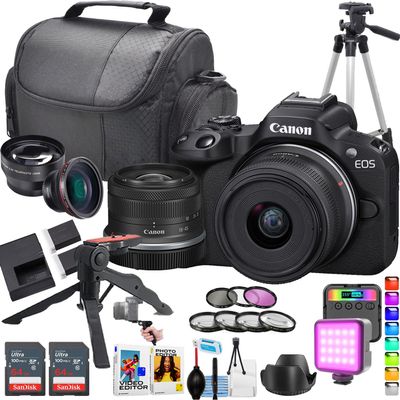 Canon EOS R50 Mirrorless Camera w/18-45mm Lens + 2pc Sandisk 64GB Ultra Memory Card + Camera Case (21pc Bundle) (Renewed)