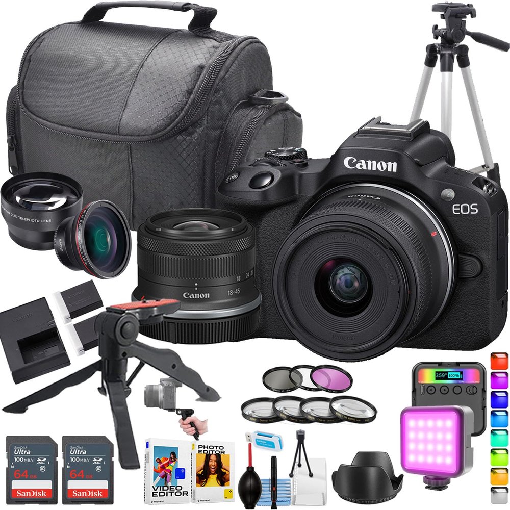 Canon EOS R50 Mirrorless Camera w/18-45mm Lens + 2pc Sandisk 64GB Ultra Memory Card + Camera Case (21pc Bundle) (Renewed)