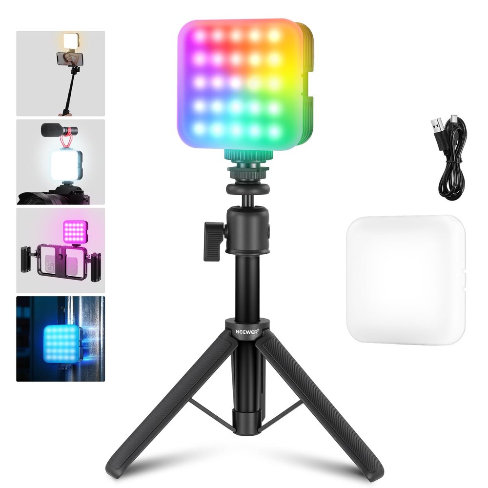 NEEWER Magnetic RGB Video Light with Desk Tripod Stand & 3 Cold Shoes, 360 Full Color LED Camera Light, CRI97+/20 Scenes/2500K-8500K, 2000mAh Photography Recording Small Panel Lighting, RGB61