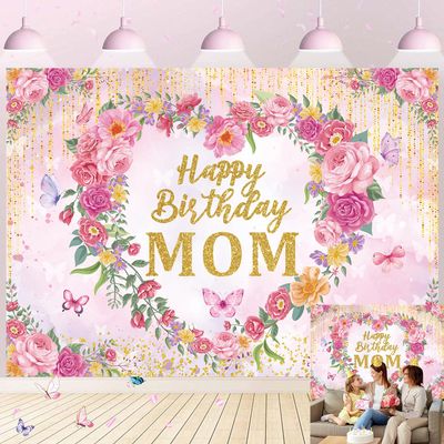 Happy Birthday Mom Backdrop Pink Flower Heart Glitter Mother's Day Decor Photography Background Mom's Birthday Backdrop for Women Party Decorations Banner Photo Props (8x6FT)