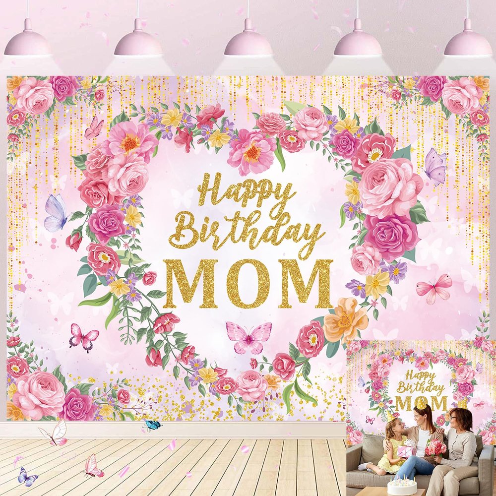 Happy Birthday Mom Backdrop Pink Flower Heart Glitter Mother's Day Decor Photography Background Mom's Birthday Backdrop for Women Party Decorations Banner Photo Props (8x6FT)